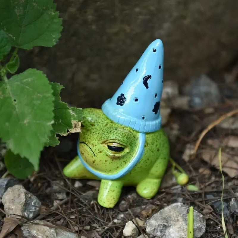 Grumpy Ceramic Frog with Wizard Hat Figurine