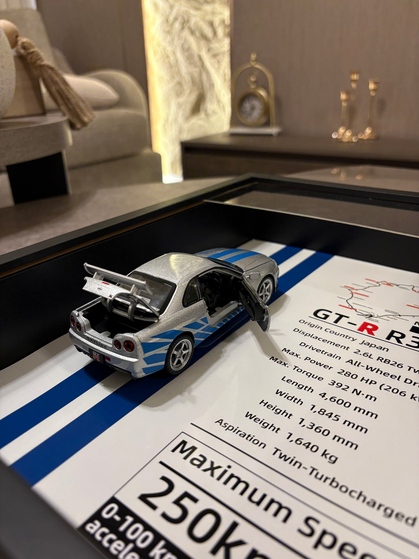 JDM Legend: Nissan Skyline GT-R R34 Framed Diecast Art – Nürburgring Edition – 32cm x 23cm