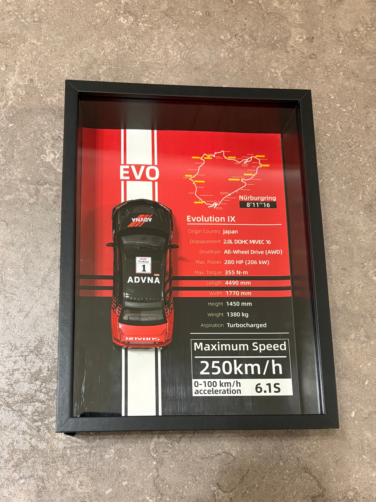 Mitsubishi Lancer Evolution IX – 3D Diecast Shadow Box Wall Art (JDM Legend Edition) – 32cm x 23cm