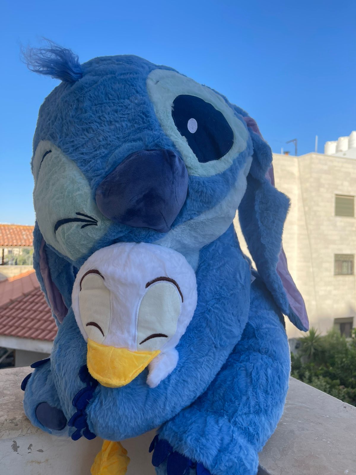 Stitch holding a duck plush toy