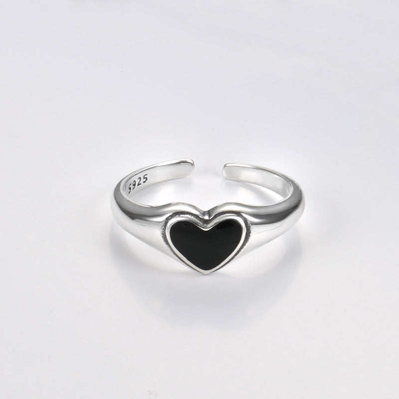 Black Heart Signet Adjustable Ring - 925 Sterling Silver
