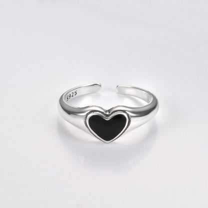 Black Heart Signet Adjustable Ring - 925 Sterling Silver