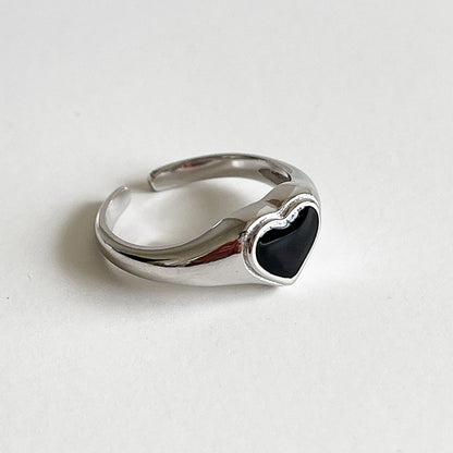 Black Heart Signet Adjustable Ring - 925 Sterling Silver