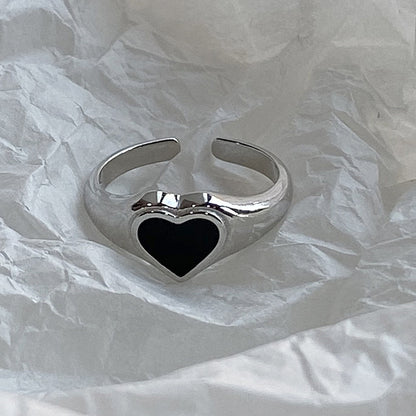 Black Heart Signet Adjustable Ring - 925 Sterling Silver