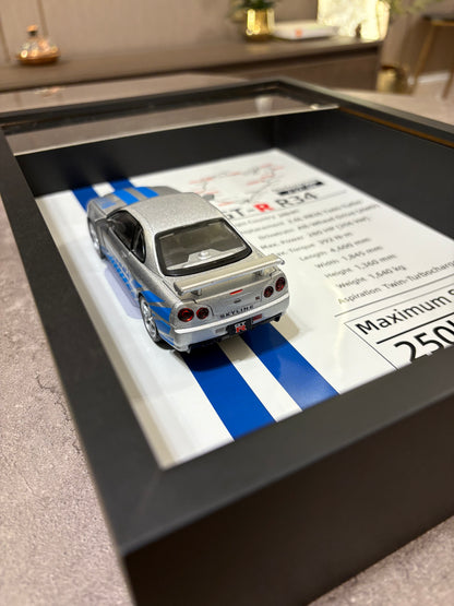 JDM Legend: Nissan Skyline GT-R R34 Framed Diecast Art – Nürburgring Edition – 32cm x 23cm