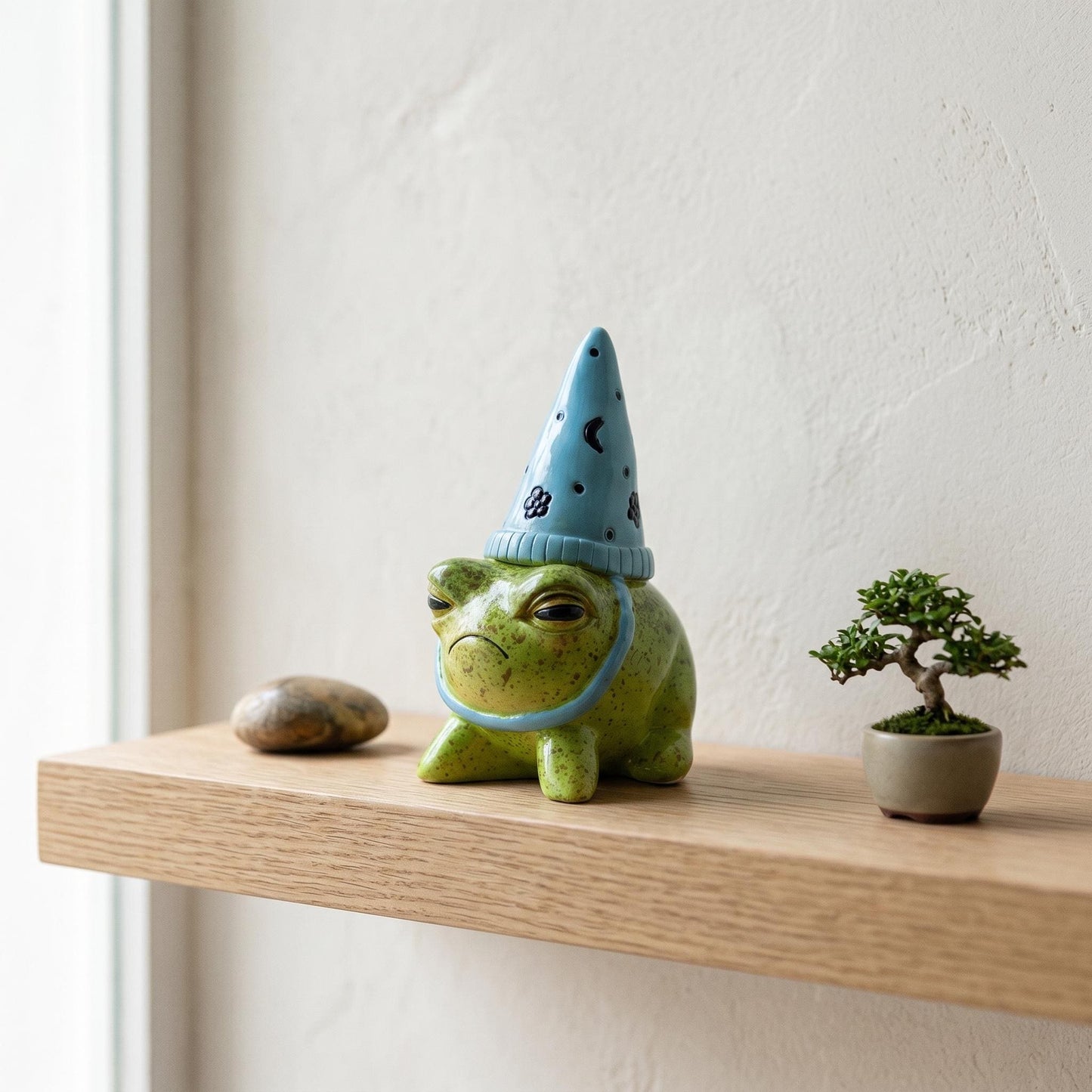 Grumpy Ceramic Frog with Wizard Hat Figurine