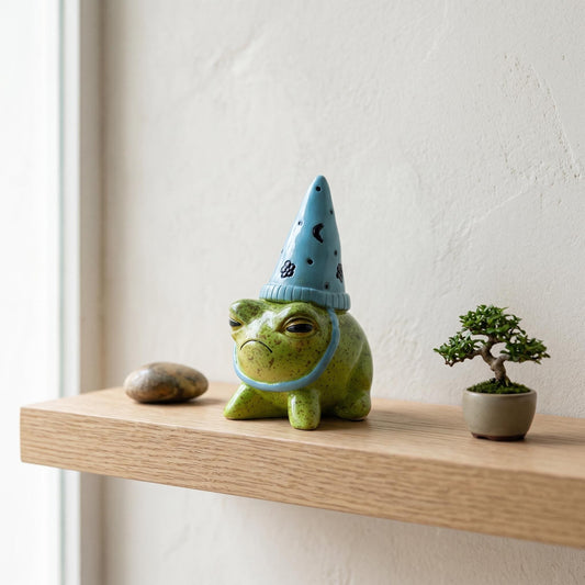Grumpy Ceramic Frog with Wizard Hat Figurine