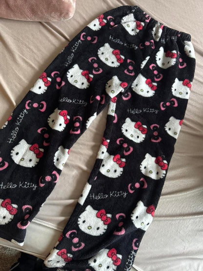Black hello kitty pajama pants (winter material)(خامة شتوية)