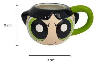 A ceramic mug shaped like a cartoon character's face, shown with dimension lines indicating 9 cm height and 9 cm width on a white background.