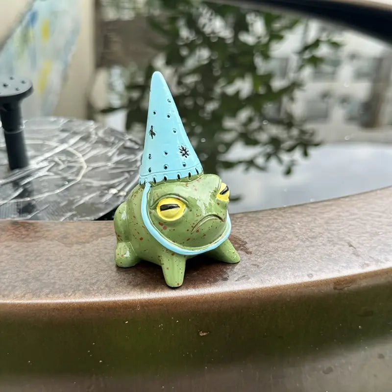 Grumpy Ceramic Frog with Wizard Hat Figurine