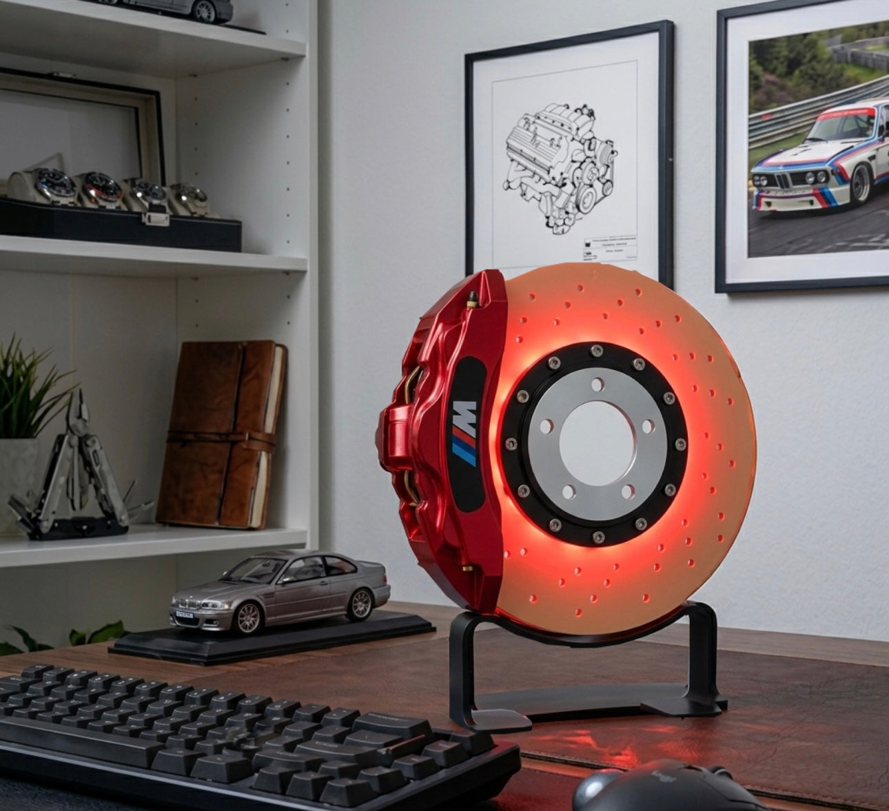 Rechargeable LED Brake Disc Desk Lamp – Cordless Red Glow Racing Caliper Light