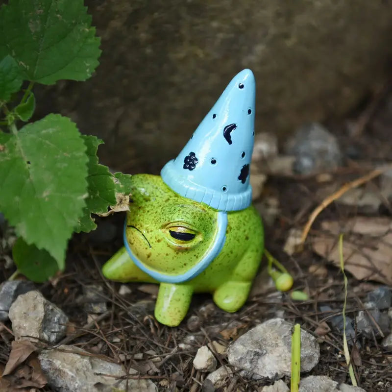 Grumpy Ceramic Frog with Wizard Hat Figurine