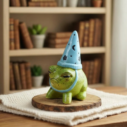 Grumpy Ceramic Frog with Wizard Hat Figurine