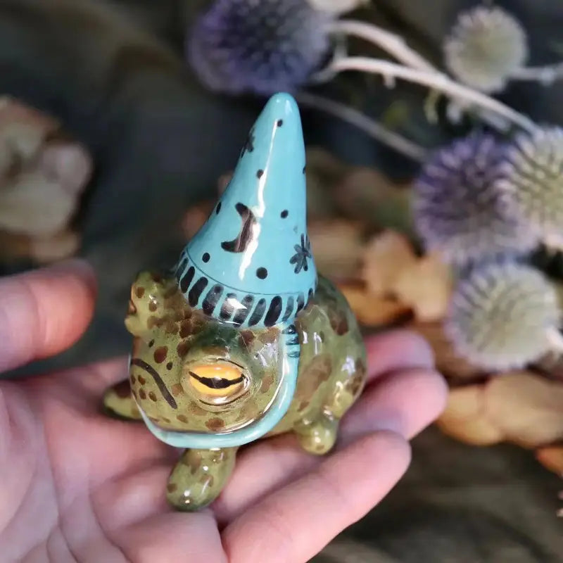 Grumpy Ceramic Frog with Wizard Hat Figurine