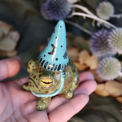 Grumpy Ceramic Frog with Wizard Hat Figurine