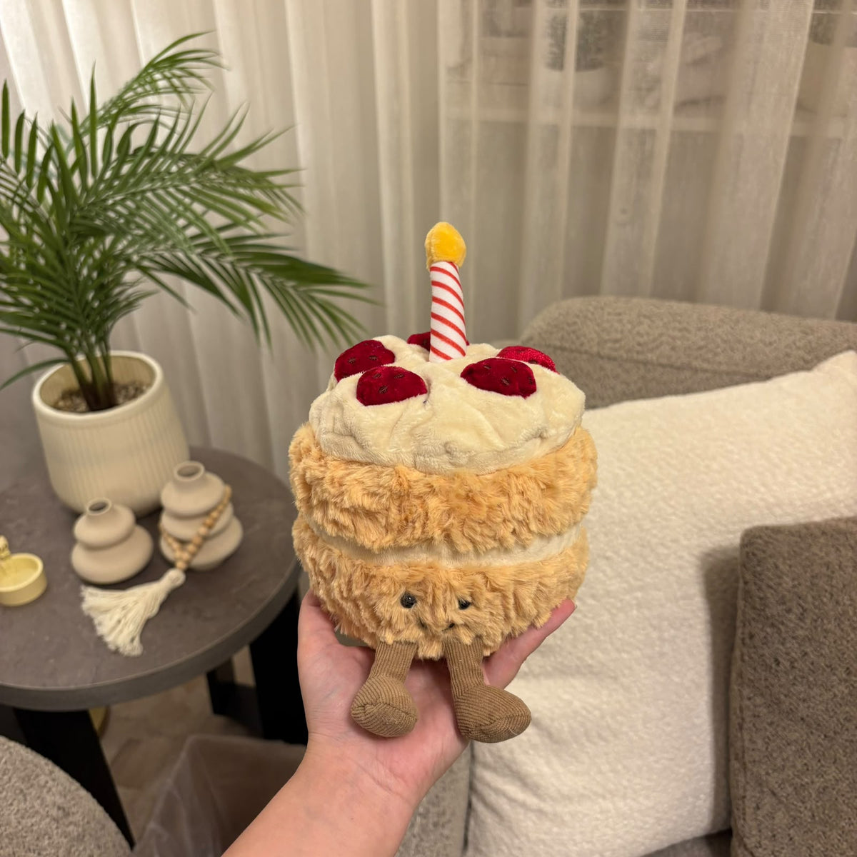 Birthday Cake Plush Toy – Soft Layered Celebration Cake Plushie with Candle
