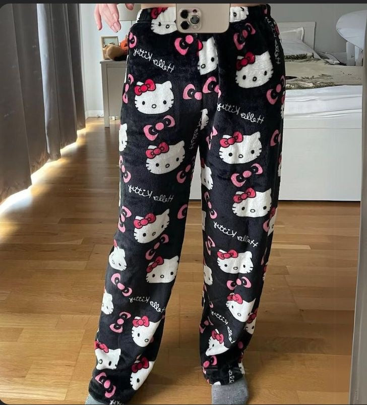 Black hello kitty pajama pants (winter material)(خامة شتوية)