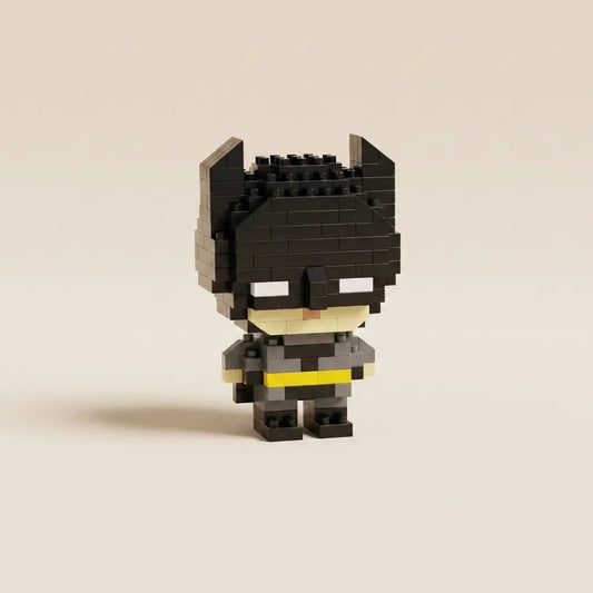 A small block-built Batman figure made from black, gray, and yellow toy bricks, standing against a plain warm beige background.