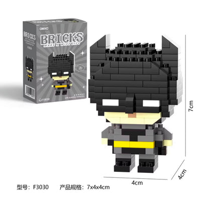 Chibi Batman micro building block figure with retail box, front view showing finished 7x4x4cm build