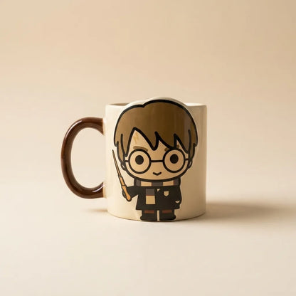 A ceramic mug featuring a cartoon illustration of Harry Potter with his wand, set against a solid beige background.