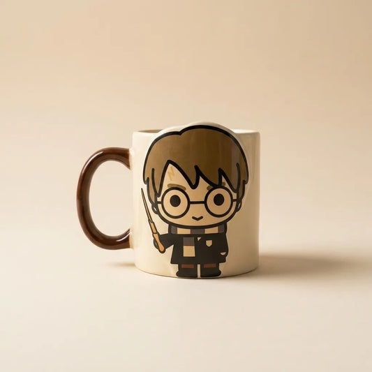 A ceramic mug featuring a cartoon illustration of Harry Potter with his wand, set against a solid beige background.