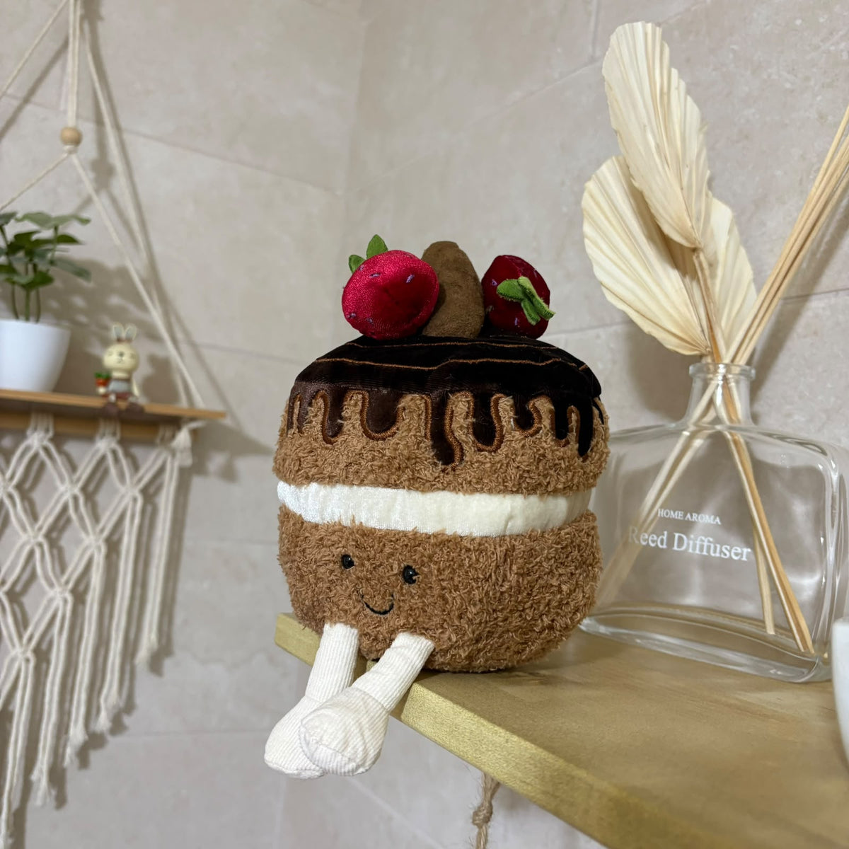 Cute Chocolate Strawberry Cake Plush Toy – Fluffy Amuseable Food Plushie & Desk Decor - 25 cm