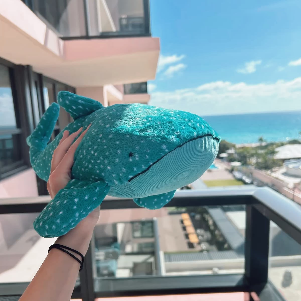 A teal whale-shaped plush toy with white spots is held up by a person's hand on a balcony, with a beach and ocean visible in the background.