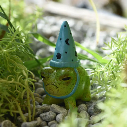 Grumpy Ceramic Frog with Wizard Hat Figurine
