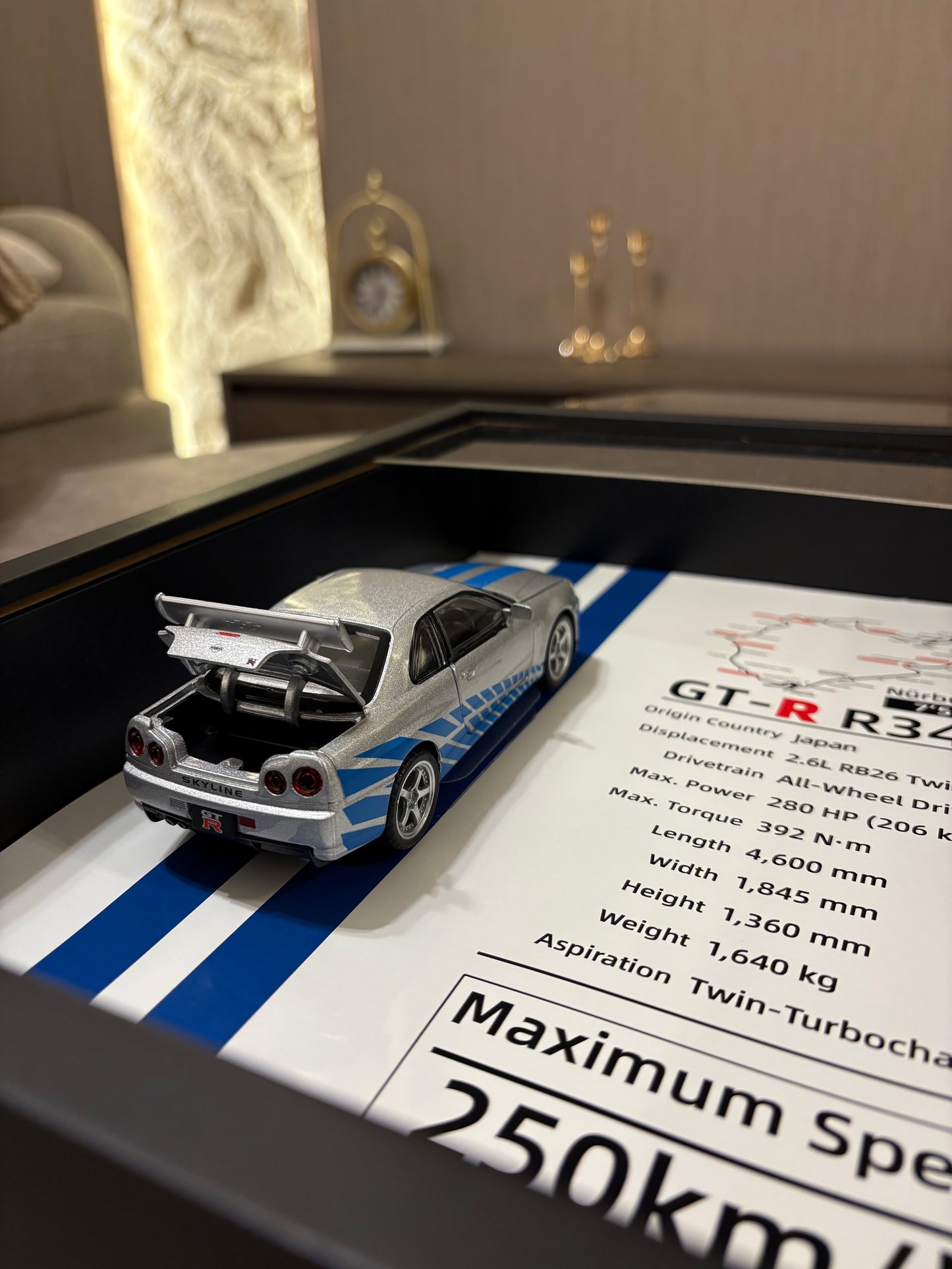 JDM Legend: Nissan Skyline GT-R R34 Framed Diecast Art – Nürburgring Edition – 32cm x 23cm