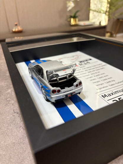 JDM Legend: Nissan Skyline GT-R R34 Framed Diecast Art – Nürburgring Edition – 32cm x 23cm