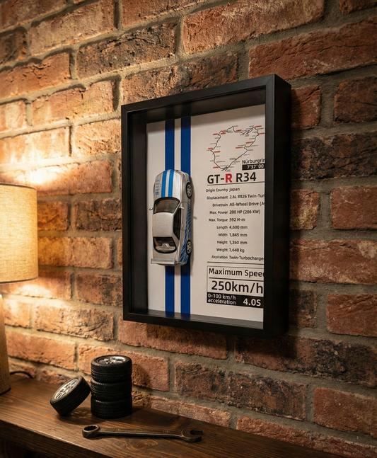 JDM Legend: Nissan Skyline GT-R R34 Framed Diecast Art – Nürburgring Edition – 32cm x 23cm