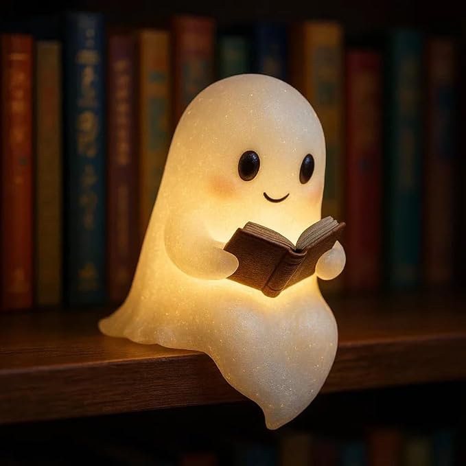 A 3D-printed silicone ghost reading lamp sitting on a shelf with a warm LED glow.