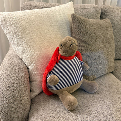 Grumpy Superhero Turtle Plush Toy – Striped Shirt & Red Cape
 - 30 cm