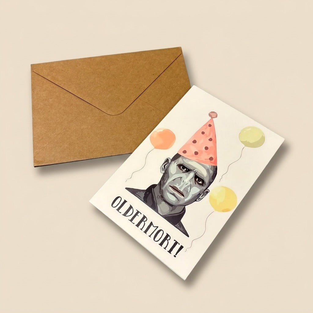 Harry Potter Birthday Card – Voldemort "Oldermort" Pun Greeting Card with Kraft Envelope