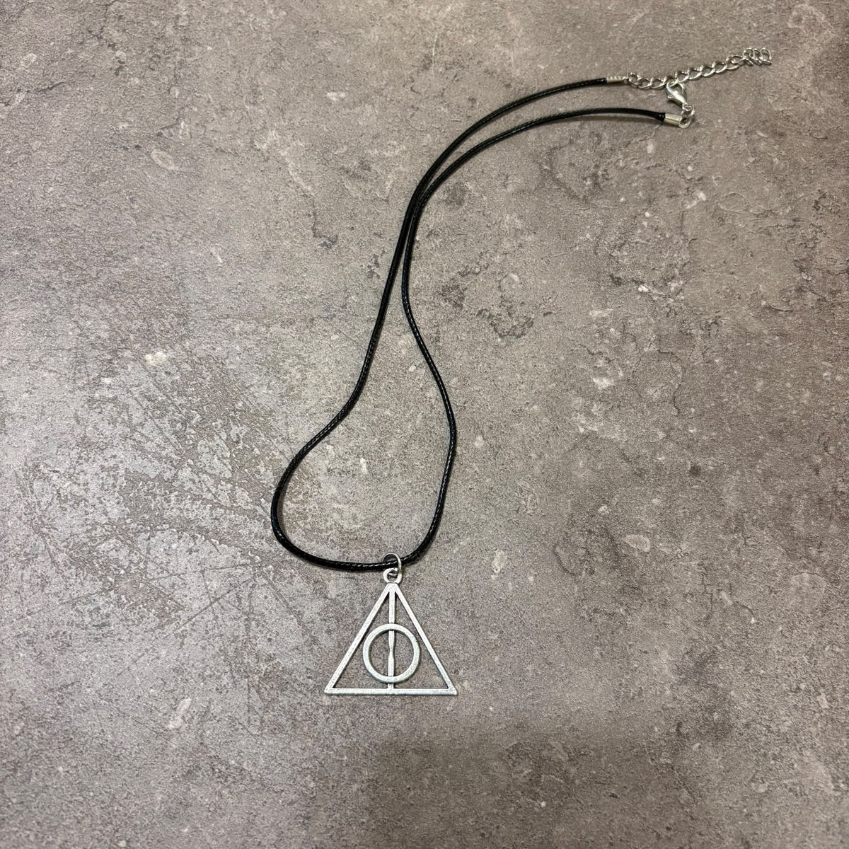 Harry Potter Deathly Hallows Pendant Necklace – Silver Symbol Pendant on Black Cord