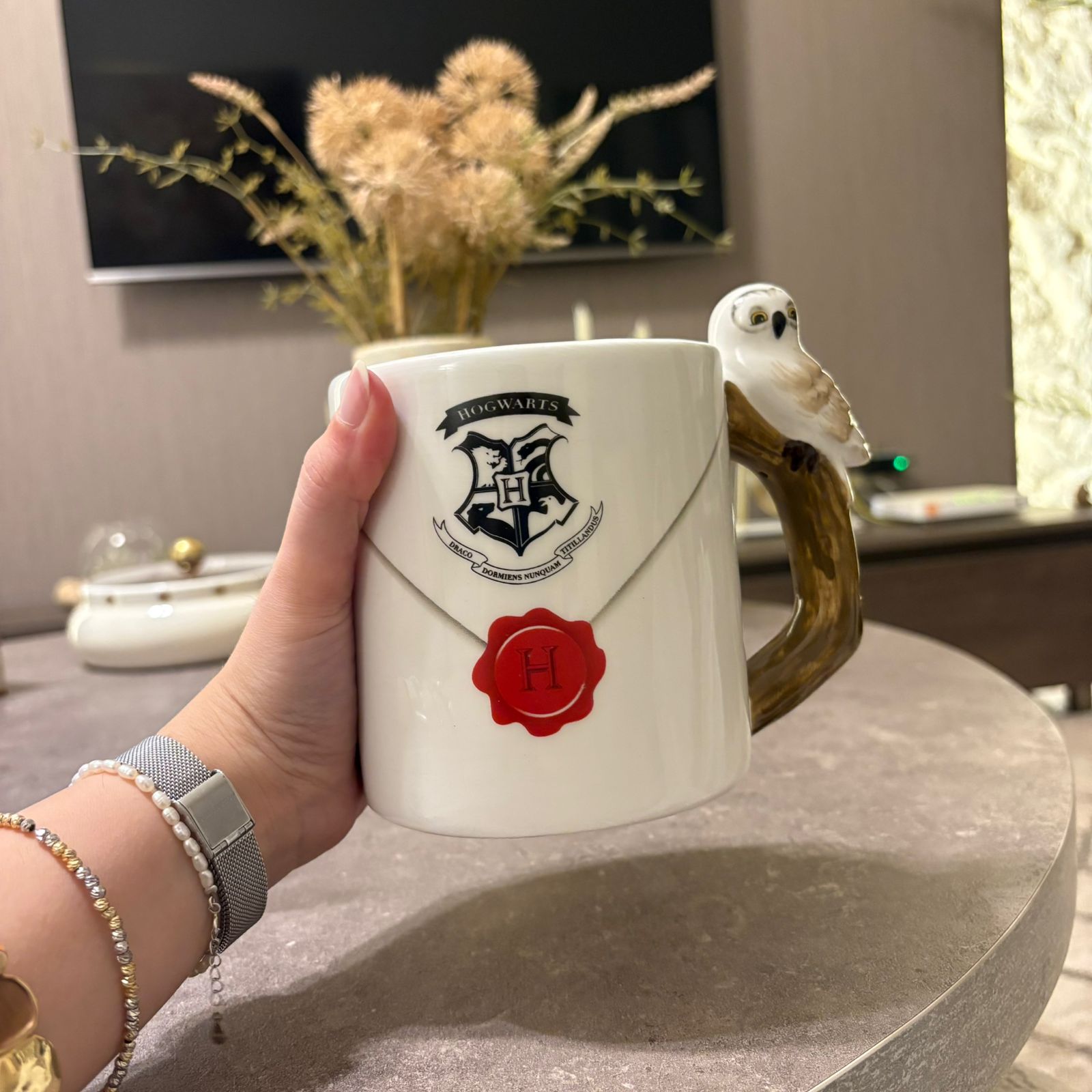 A hand holds a white ceramic Harry Potter mug featuring the Hogwarts crest, a red wax seal, and a small owl attached to the handle, set in a cozy indoor environment.