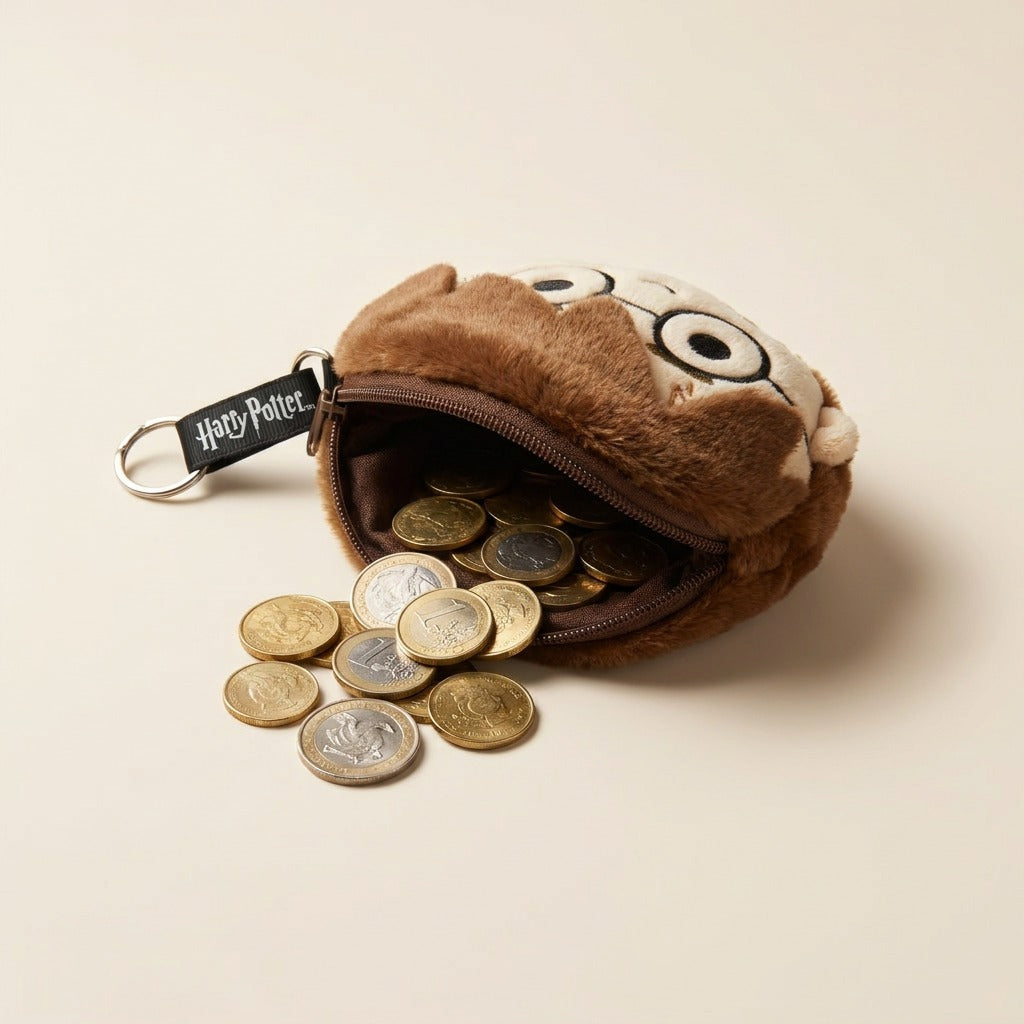 Harry Potter plushie face pouch and bag keychain clip attached to a bag