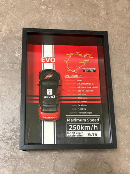 Mitsubishi Lancer Evolution IX – 3D Diecast Shadow Box Wall Art (JDM Legend Edition) – 32cm x 23cm