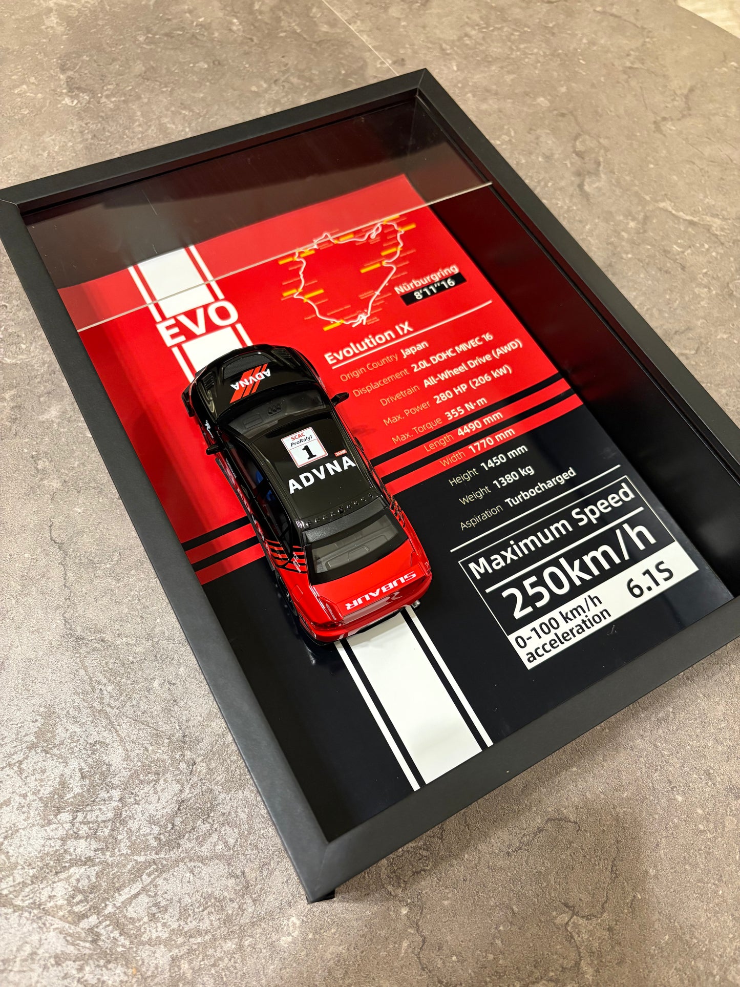 Mitsubishi Lancer Evolution IX – 3D Diecast Shadow Box Wall Art (JDM Legend Edition) – 32cm x 23cm