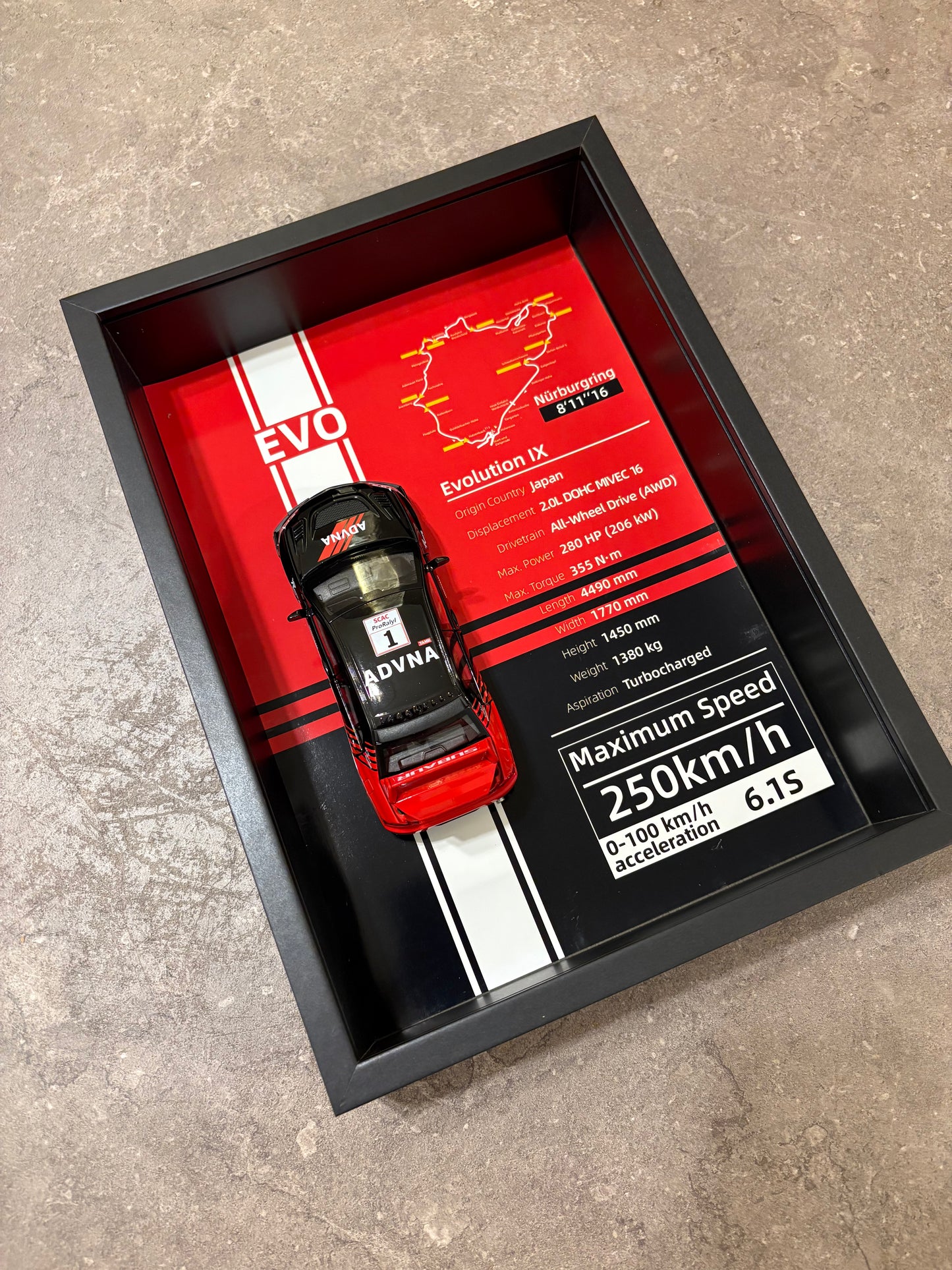 Mitsubishi Lancer Evolution IX – 3D Diecast Shadow Box Wall Art (JDM Legend Edition) – 32cm x 23cm