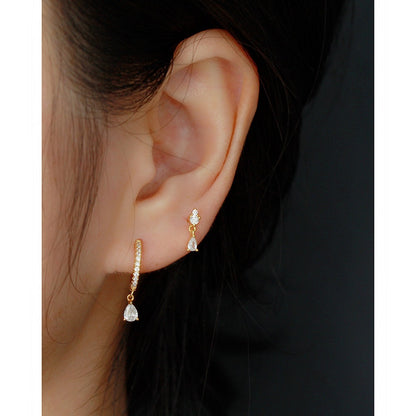 Pavé Huggie Hoop Earrings with Teardrop Charm - Gold Plated 925 Sterling Silver