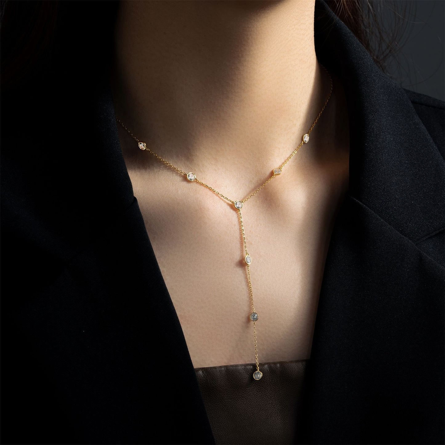 Lariat Diamond-Style Drop Necklace – 925 Sterling Silver, Gold Plated