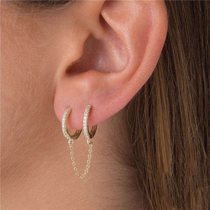 Chain Linked Double Huggie Hoop Earrings - Gold Plated 925 Sterling Silver