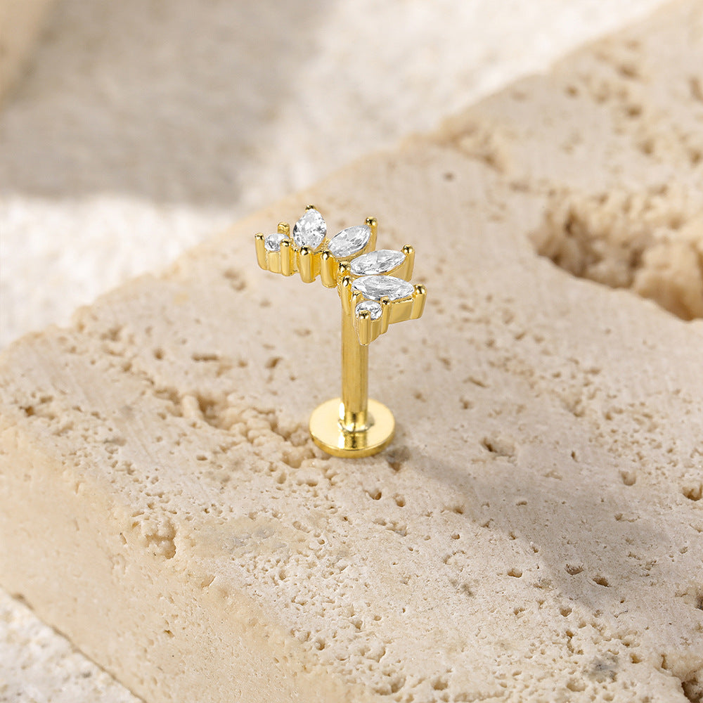 Marquise Fan Flat Back Stud Earring (Single) - Gold Plated 925 Sterling Silver