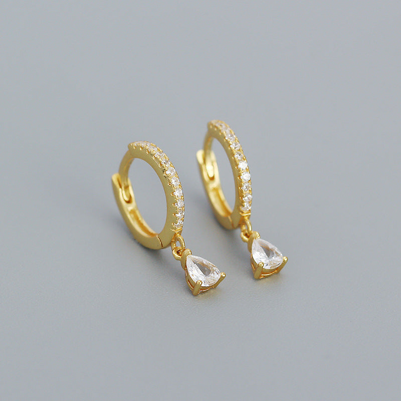 Pavé Huggie Hoop Earrings with Teardrop Charm - Gold Plated 925 Sterling Silver