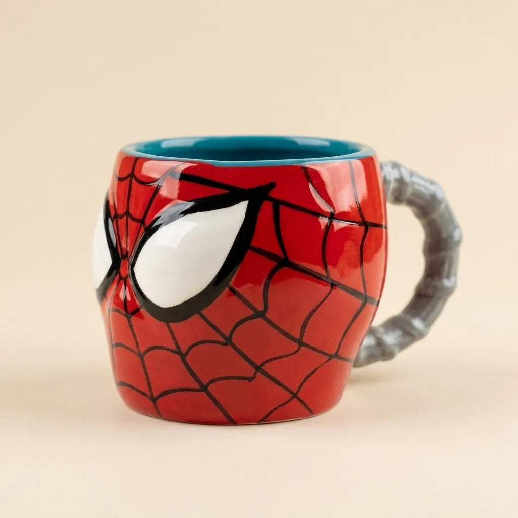 A Spider-Man themed ceramic mug featuring a red body with black web pattern, white eyes, and a gray webbing handle, set against a solid beige background.