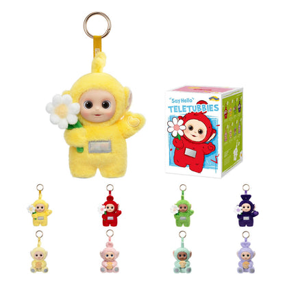 Set of Teletubbies plush toys with keychains and packaging on a white background
