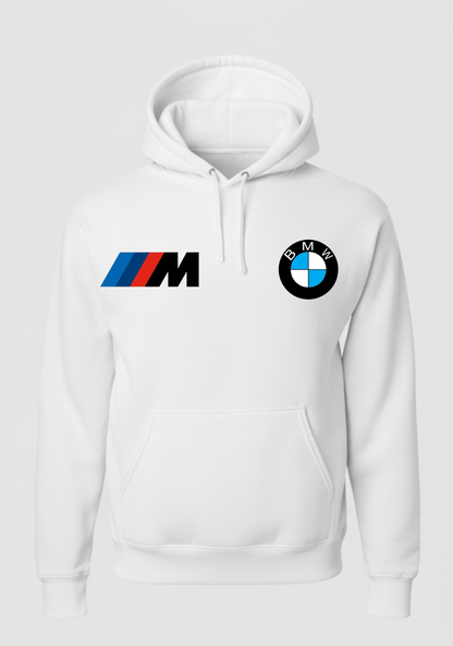 White hoodie with BMW logo on a light gray background