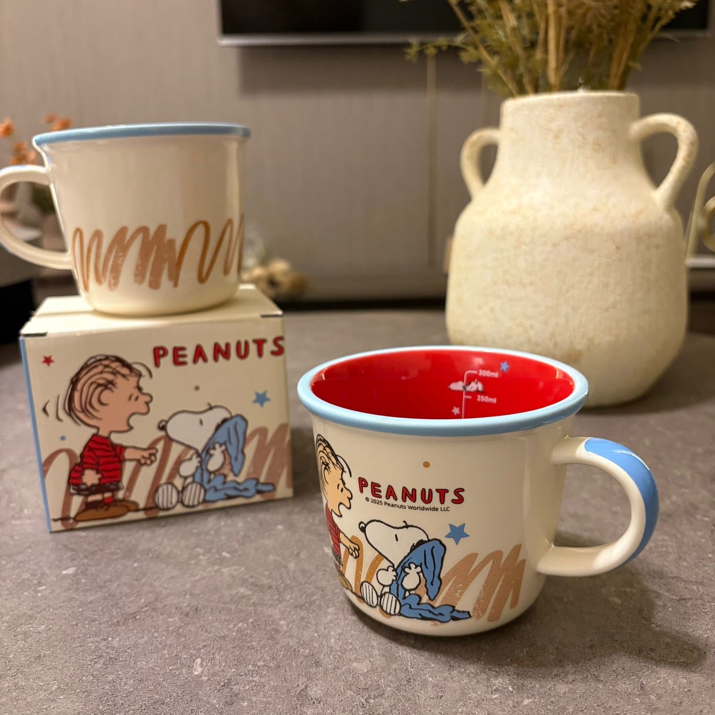 A Peanuts enamel mug with Snoopy and Charlie Brown illustration, blue handle and rim, and a red interior, shown in front of its branded box with another mug in the background. A cream ceramic vase with dried stems sits on a gray tabletop.