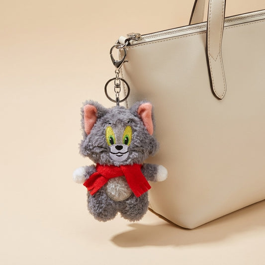 Fluffy Grey Cat and Mouse Plush Keychain Tom with Red Scarf - 12 CM